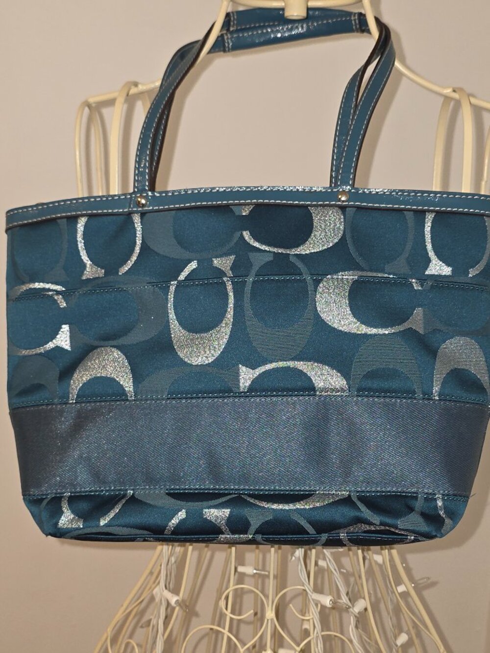 Coach Gallery Optic Signature Tote Teal Blue Jacquard Zip Shoulder Bag 12906 - Picture 10 of 12